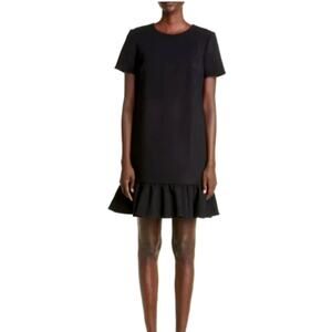 Carolina Herrera NWT Black Wool Blend Short Sleeve Shift Dress with Ruffle Hem